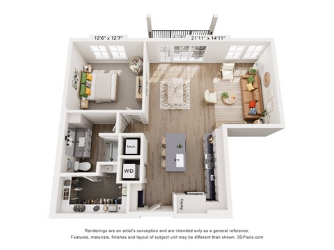A 3D floor plan of a small apartment with a kitchen, living room, and bathroom.